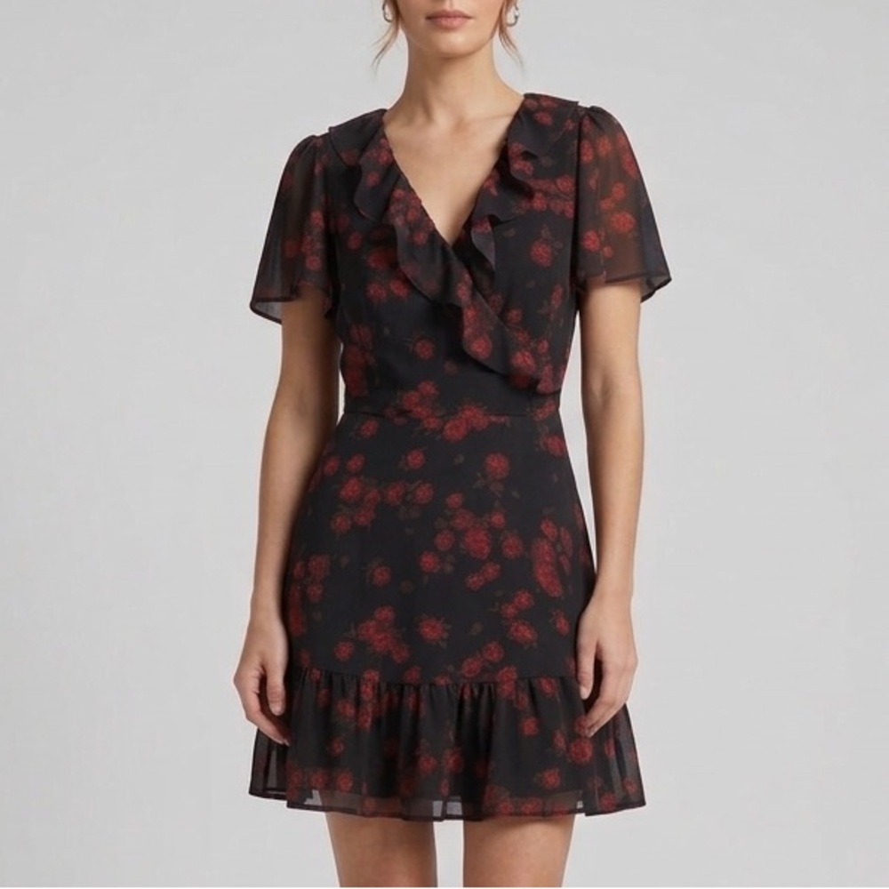 Michael Kors Black Red Rose Wrap Dress XS Floral Chiffon Ruffle